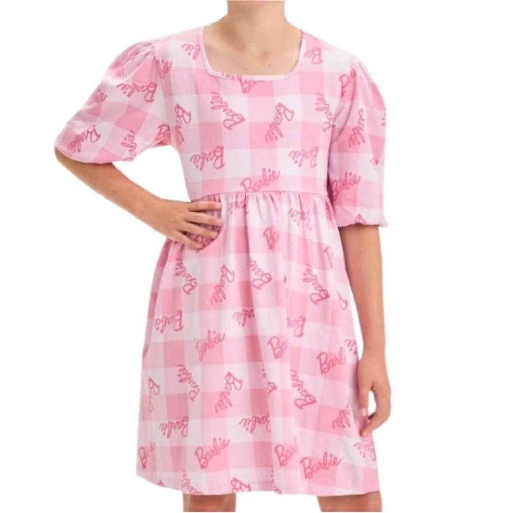 Girls’ Barbie Checkered Short Puff Sleeve Dress - Pink XS
